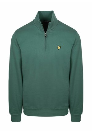 Felpa verde a maniche lunghe con mezza cerniera, collo alto e logo giallo di un uccello sul petto a sinistra.