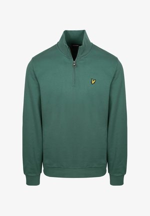 Groen pullover met lange mouwen en een kwartritssluiting, voorzien van een opstaande kraag en een geel vogel-logo op de linkerborst.