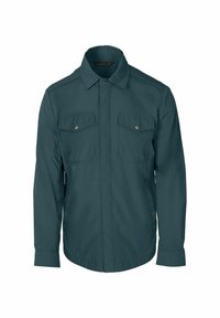 Teal lichtgewicht jack met een volledige knoopsluiting, twee borstzakken en een klassieke kraag. Gladde textuur en rechte snit voor gemakkelijk draagcomfort.