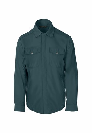Teal lichtgewicht jack met een volledige knoopsluiting, twee borstzakken en een klassieke kraag. Gladde textuur en rechte snit voor gemakkelijk draagcomfort.
