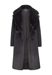 Schwarzer Kunstpelzmantel mit breitem Kragen, doppelter Knopfreihe und glatter Textur. Das Innenfutter ist aus einem dunkleren Stoff.