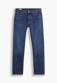 Mörkblå denimjeans med rak bendesign, försedd med en knappstängning, fem fickor och subtila sömdetaljer.