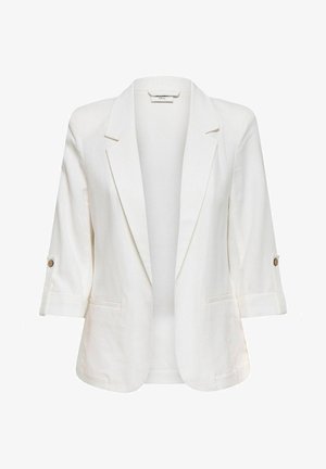 Veste blanche cintrée avec revers, manches trois-quarts retroussées et boutonnées, et deux poches passepoilées à l'avant.