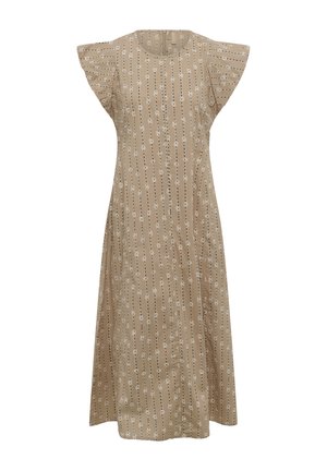 Beiges Midikleid mit kurzen Rüschenärmeln und vertikalem Muster aus schwarzen und weißen Punkten und Kreisen.