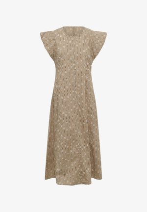 Beiges Midikleid mit kurzen Rüschenärmeln und vertikalem Muster aus schwarzen und weißen Punkten und Kreisen.