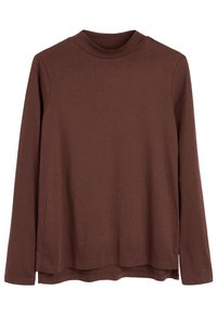 Brown long-sleeve top made from soft fabric, featuring a high neck and a relaxed fit with a slightly longer back hem.