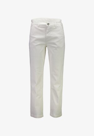 Weiße Baumwollhose mit geradem Bein, mit einem Frontknopfverschluss, zwei Taschen und einer glatten Textur.