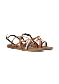 Sandaaltjes met banden, voorzien van een tan zool, met meerkleurige banden in zwart, oranje, wit en beige, ontworpen met een slanke silhouet.