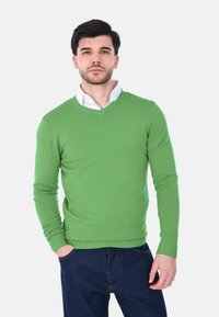 Giovane uomo in piedi con una mano in tasca, indossa un maglione verde a V sopra una camicia bianca e jeans blu scuro, con sfondo bianco.