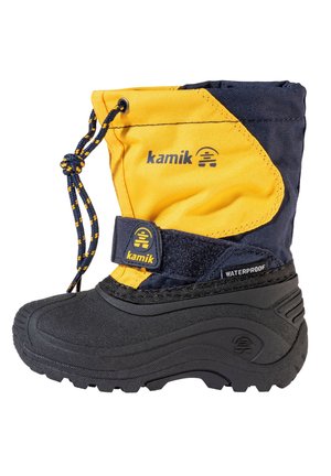 Botte d'hiver imperméable pour enfant en jaune et noir avec fermeture à cordon et sangle auto-agrippante, de la marque Kamik.