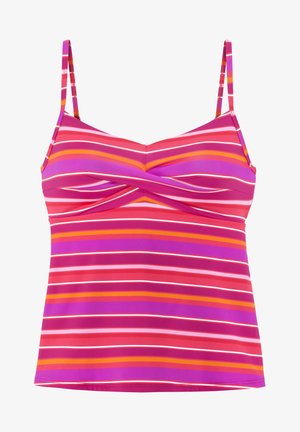 Haut sans manches ajusté avec un détail de devant torsadé, comportant des rayures horizontales en rose, violet, orange, rouge et blanc.