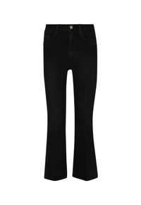 Jeans neri a campana in denim. Presentano una vita aderente, cinque tasche e un bottone in metallo. Il tessuto ha una consistenza liscia e leggermente lucida.