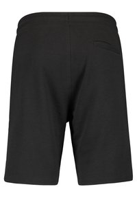 Sorte bomuldsshorts med en glat tekstur, der har et enkelt design, elastisk talje og en lille påsyet lomme på bagsiden.