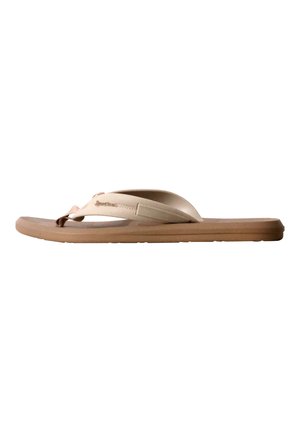 Sandale flip-flop beige avec bride en tissu et semelle en caoutchouc marron, vue latérale sur fond blanc.