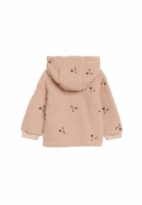 Roze fleecejack met een gestructureerde, fluffy buitenkant. Heeft een capuchon, bloemenborduursel en geribde manchetten.