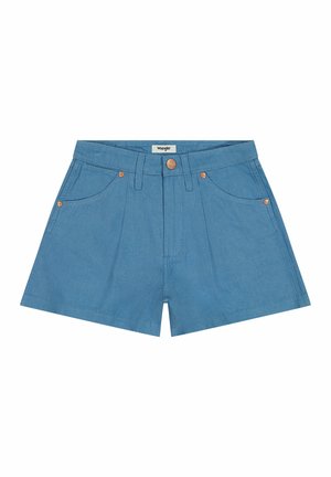 Blauwe spijkerbroek shorts met een hoge taille, twee voorzakken, zichtbare stiksels en koperen knoopdetails bij de taille en zakken.