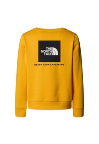 Gul genser med en svart firkantet logo med "THE NORTH FACE" og teksten "NEVER STOP EXPLORING" under. Ribbet mansjetter og kant.