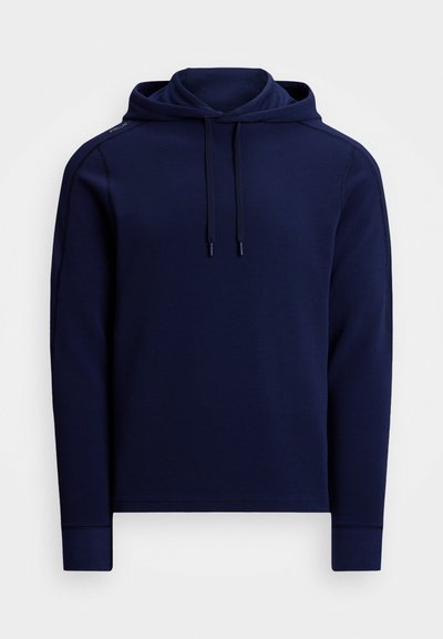 Sweatshirt capuz azul-marinho com um tecido texturizado, mangas longas e cordões ajustáveis no decote. Ombros sem costuras.