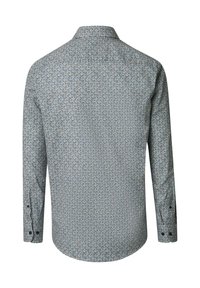 Long-sleeve shirt in blue with a patterned design. Features a button-down collar and buttoned cuffs. Smooth fabric texture.