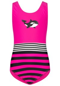 Maillot de bain rose avec un design d'orque noir sur la poitrine et des rayures horizontales noires et blanches en bas. Fabriqué en matériau lisse.