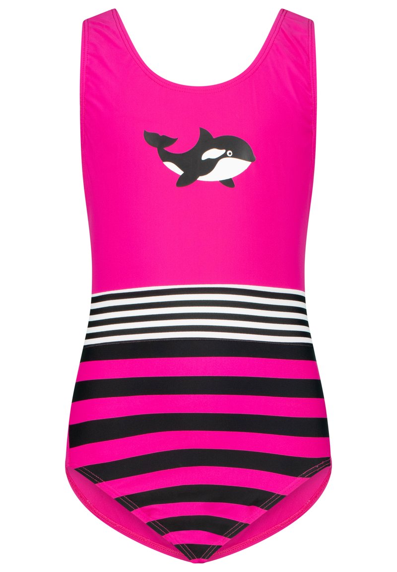 Maillot de bain rose avec un design d'orque noir sur la poitrine et des rayures horizontales noires et blanches en bas. Fabriqué en matériau lisse.