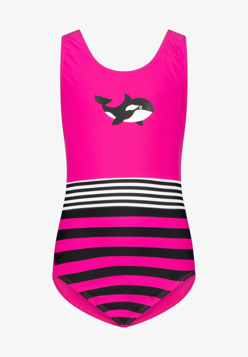 Maillot de bain rose avec un design d'orque noir sur la poitrine et des rayures horizontales noires et blanches en bas. Fabriqué en matériau lisse.