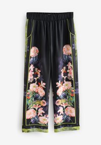 Pantaloni neri con stampa floreale, dalla vestibilità ampia, con fiori rosa e viola. Vita elastica e dettagli verdi lungo i lati.