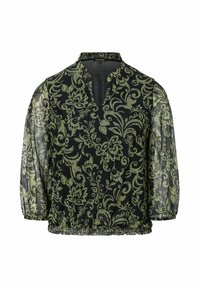Schwarze durchsichtige Bluse mit grünem Blumenmuster, mit V-Ausschnitt, gerafftem Saum und Dreiviertelärmeln. Strukturierter, leichter Stoff.