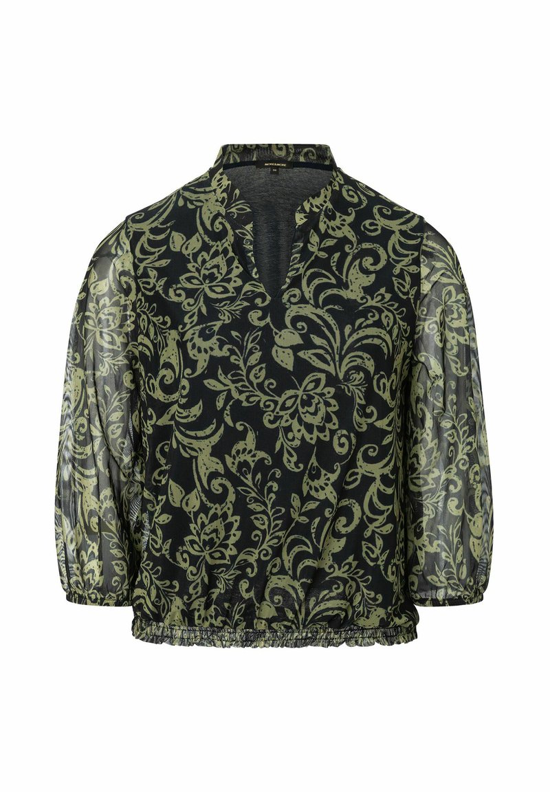 Schwarze durchsichtige Bluse mit grünem Blumenmuster, mit V-Ausschnitt, gerafftem Saum und Dreiviertelärmeln. Strukturierter, leichter Stoff.