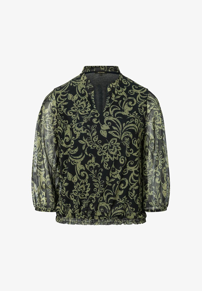 Schwarze durchsichtige Bluse mit grünem Blumenmuster, mit V-Ausschnitt, gerafftem Saum und Dreiviertelärmeln. Strukturierter, leichter Stoff.