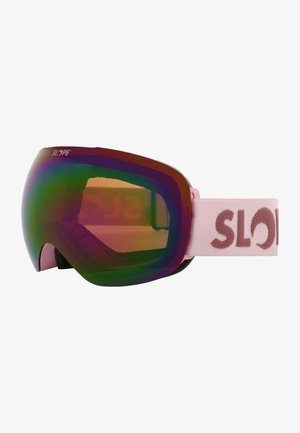 Skibriller med en pink ramme, stor buet linse der viser en multicolor reflekterende nuance, og et blød pink justerbar rem med "SLOPE" logo.