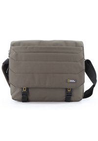 Khaki messenger bag with horizontal stitching, adjustable black strap, and National Geographic logo. Made of durable fabric with zipper closure.