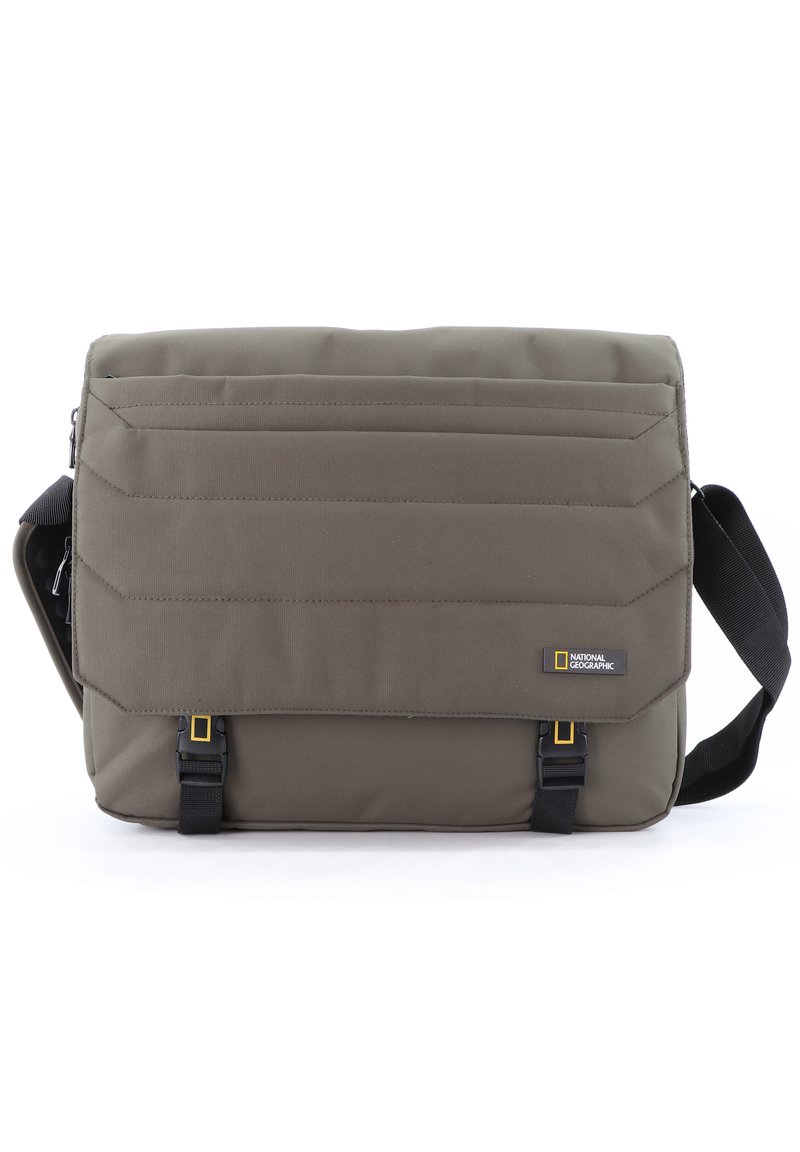 Khaki messenger bag with horizontal stitching, adjustable black strap, and National Geographic logo. Made of durable fabric with zipper closure.