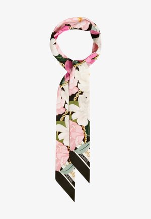 Foulard en soie avec motif floral rose et blanc, design chaîne en or et logo "GUESS" sur les extrémités noires pointues.