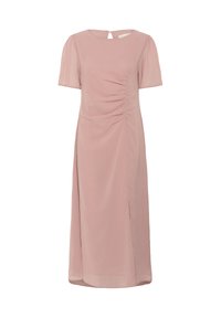Light pink dress with short puff sleeves, gathered detail on the front, a slit on the side, and a keyhole opening at the back. Lightweight fabric.