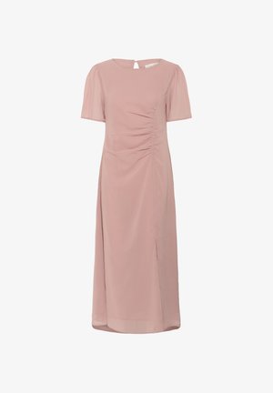 Helles pinkes Kleid mit kurzen Puffärmeln, gerafftem Detail auf der Vorderseite, einem Schlitz an der Seite und einer Schlüssellochöffnung auf der Rückseite. Leichter Stoff.