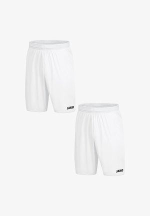 Weiße Sportshorts aus leichtem Material, mit einem elastischen Bund und dem schwarzen „JAKO“-Logo auf der unteren linken Seite.