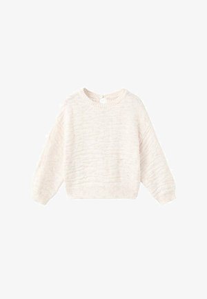 Light beige knit sweater with a textured pattern, round neckline, long sleeves, and a circular cutout at the back. Soft, cozy material.