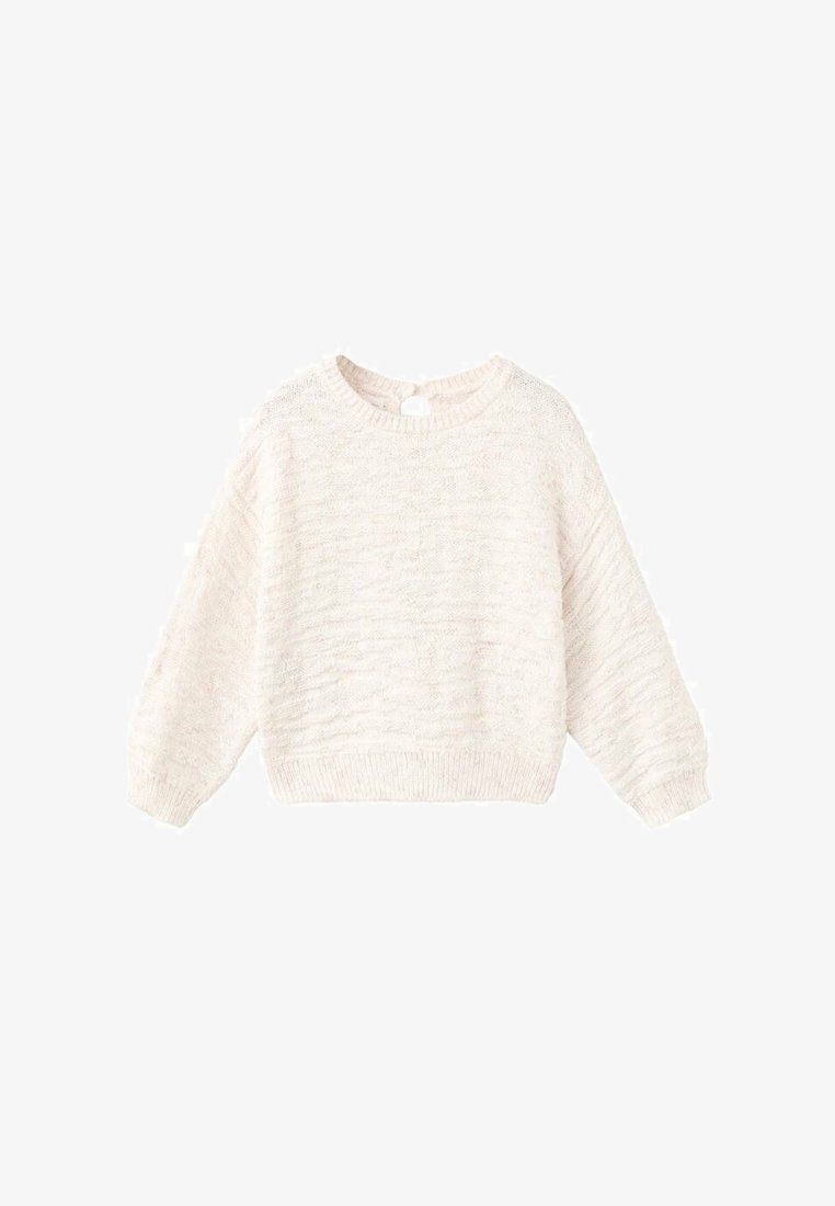 Svetlo bež pleten pulover z teksturiranim vzorcem, okroglim izrezom, dolgimi rokavi in okroglim izrezom na hrbtni strani. Mehki, udoben material.