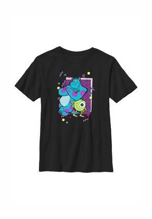 Sort t-shirt med farverigt billede af to tegneserie-monstre, en stor blå med lilla pletter og en lille grøn med ét øje.