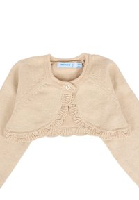 Cardigan pour bébé beige tricoté avec des manches longues, fermeture à un bouton, et bordure en dentelle décorative, taille 12 mois.