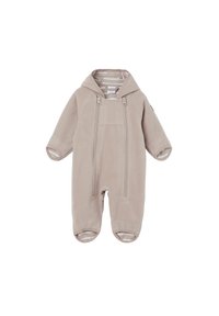 Fleece-Einteiler in Hellbeige mit Kapuze, ausgestattet mit zwei vorderen Reißverschlüssen und elastischen Bündchen, glatter Textur und gestreifter Innenauskleidung.
