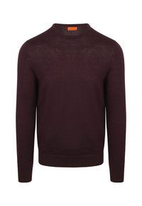 Bordeaux gebreide trui met een ronde hals, lange mouwen en geribde boorden en zoom, gemaakt van een lichte, zachte stof.