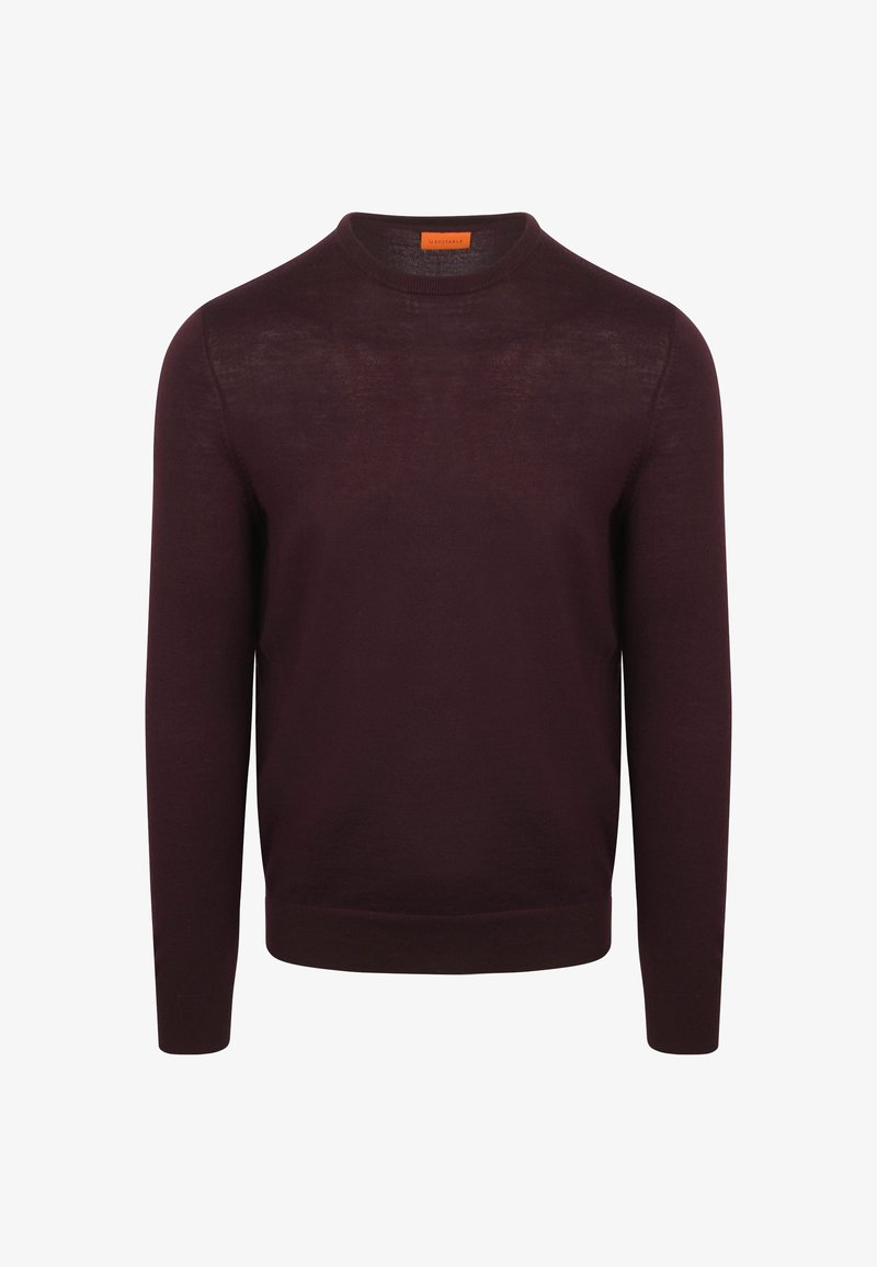 Bordeaux gebreide trui met een ronde hals, lange mouwen en geribde boorden en zoom, gemaakt van een lichte, zachte stof.