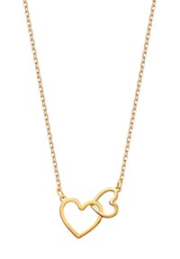 Złoty naszyjnik z dwoma splatającymi się wisiorkami w kształcie serca. Większe serce jest obrysowane, podczas gdy mniejsze serce jest pełne. Projekt łańcuszka jest delikatny.