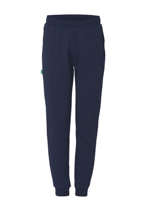 Mørkeblå sweatpants lavet af blødt stof, med smalle ben, elastisk talje og sidelommer med lynlås for funktionel detaljer.