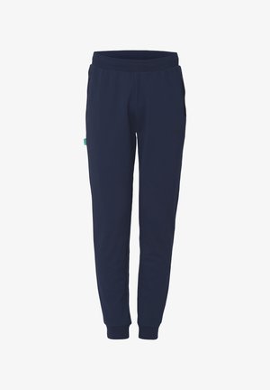 Mørkeblå sweatpants lavet af blødt stof, med smalle ben, elastisk talje og sidelommer med lynlås for funktionel detaljer.