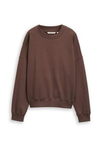 Brązowy bawełniany sweatshirt z okrągłym dekoltem, ściągaczami przy rękawach i dolnym wykończeniu oraz luźnym krojem, charakteryzujący się gładką teksturą i minimalistycznym designem.