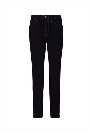 Mustat farkut slim fit -mallissa, joissa on oranssia ommelta, nappikiinnitys ja viisi taskua. Sileä rakenne, jossa on hieman venyvyyttä.