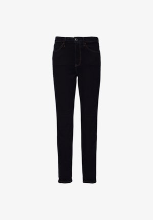 Mustat farkut slim fit -mallissa, joissa on oranssia ommelta, nappikiinnitys ja viisi taskua. Sileä rakenne, jossa on hieman venyvyyttä.